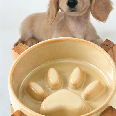 Paw Ceramic Pet Bowl Wood Stand