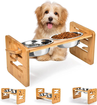 Bamboo Double Dog Bowls Adjustable Height