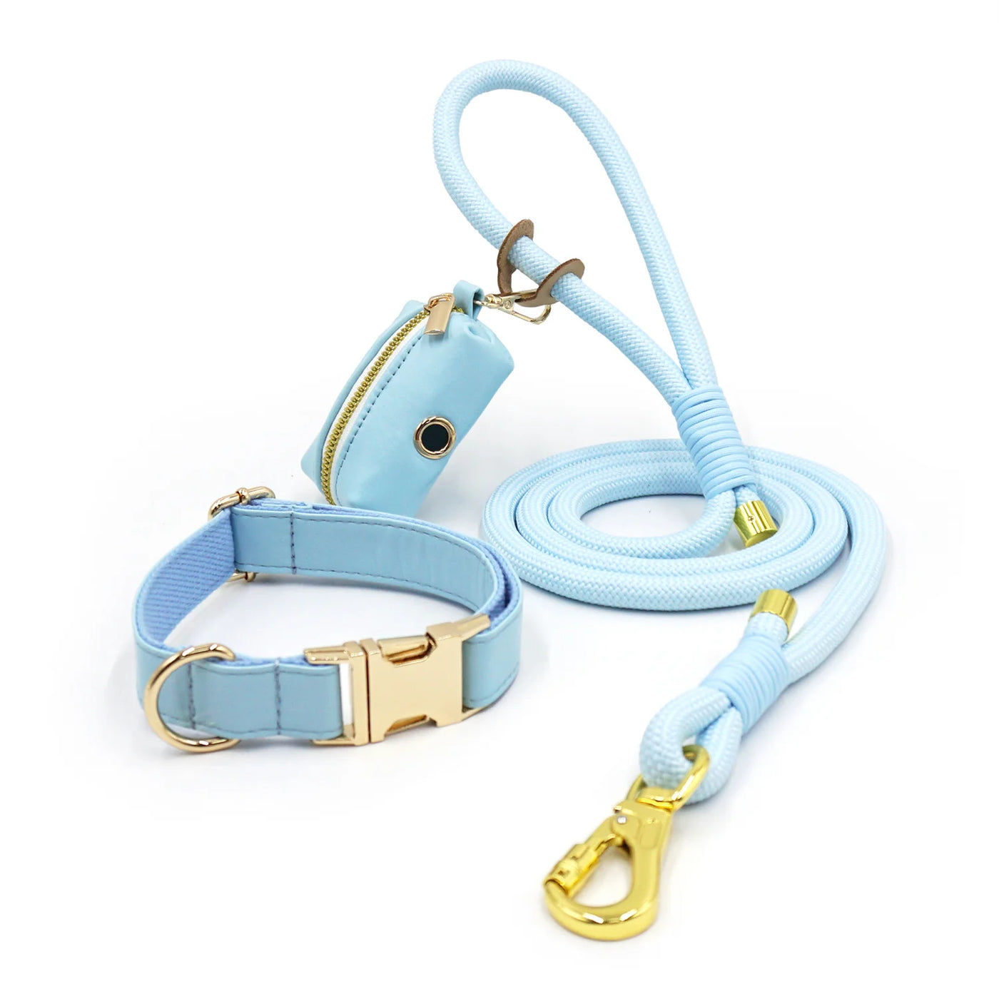 Classy Sky Blue Soft Leather Dog Collar & Leash Set