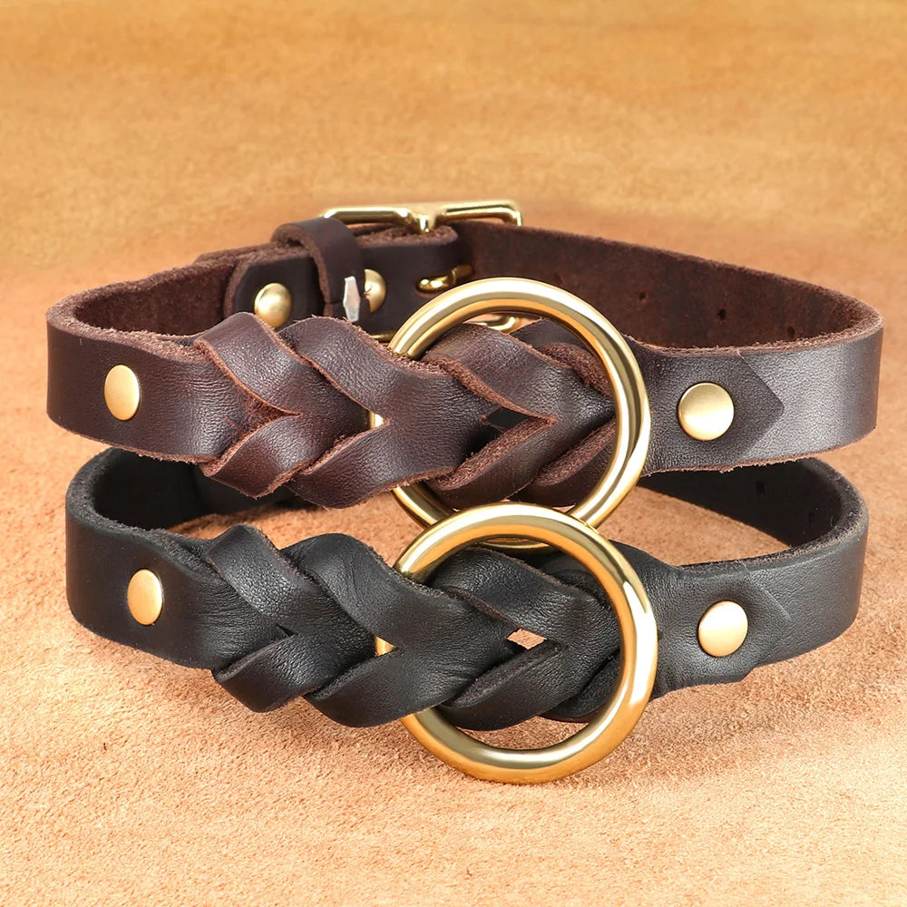 Leather Dog Collar and Leash Set Adjustable Braided Soft