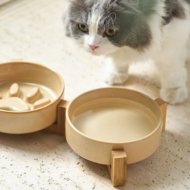 Paw Ceramic Pet Bowl Wood Stand