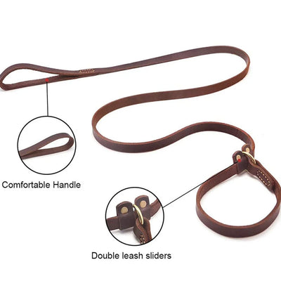 Deluxe Leather Dog Slip Collar & Leash Onepiece Adjustable Large Dogs