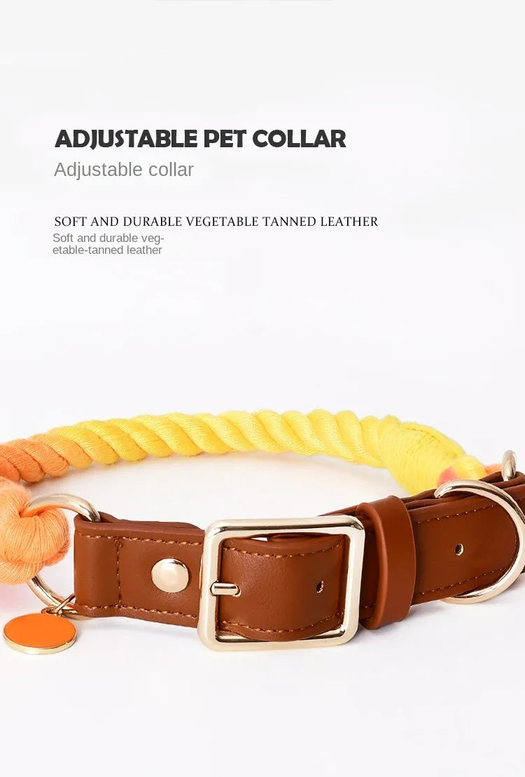 Woven Cotton String LeatherDog Collar & Leash Set