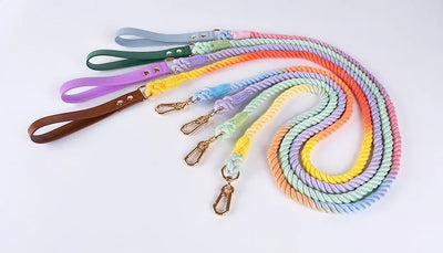 Woven Cotton String LeatherDog Collar & Leash Set