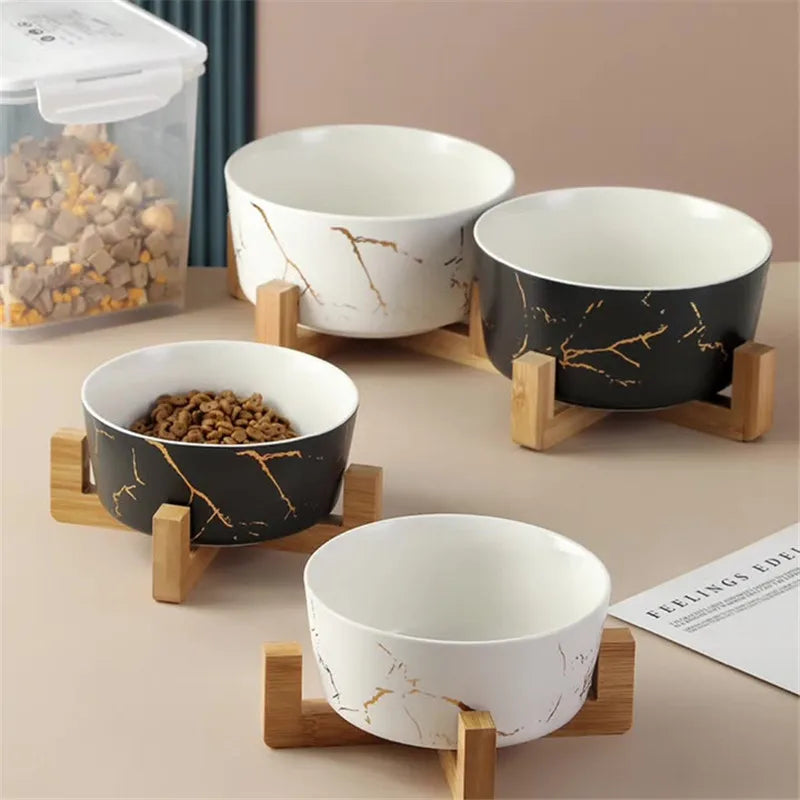 Marble Pet Bowl Bamboo Shelf Ceramic Feeding and Drinking Bowls