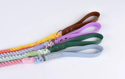 Woven Cotton String LeatherDog Collar & Leash Set