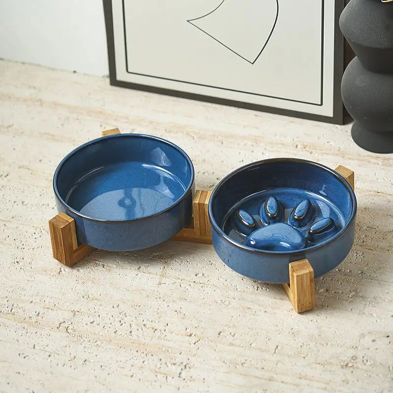 Paw Ceramic Pet Bowl Wood Stand