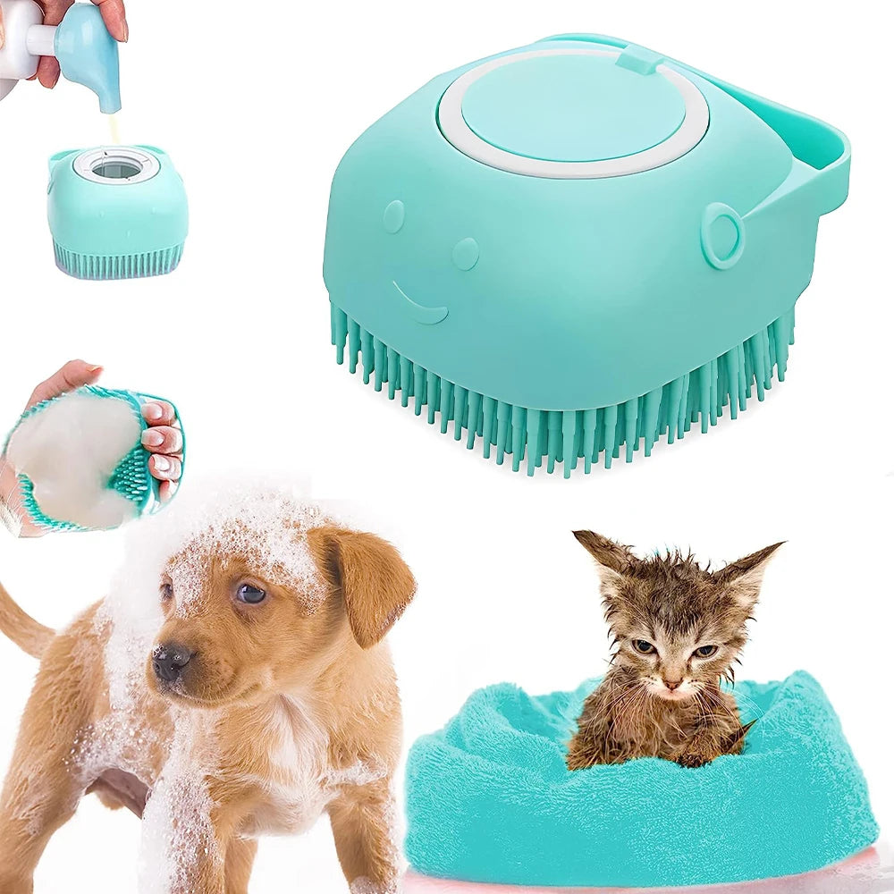 Brosse de douche en silicone pour chien et chat, distributeur de shampoing