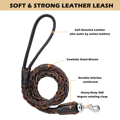 Leather Dog Leash Durable Cowhide Braided Leash