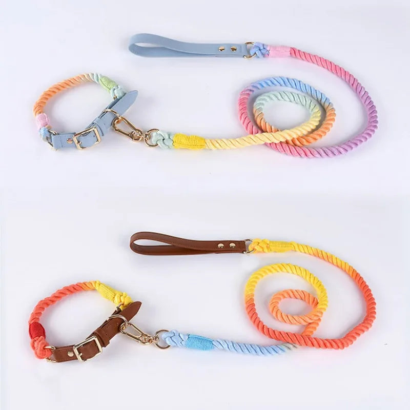 Woven Cotton String LeatherDog Collar & Leash Set