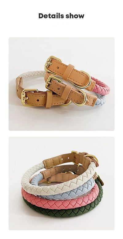 Elegant Braided Leather Dog Collar Leash Set