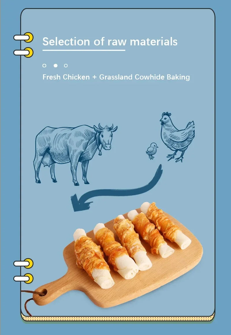 Collations pour chiens au calcium Os Viande de poulet séchée Bâtonnets de peau de vache