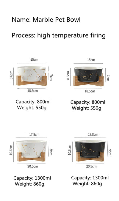 Gamelle pour animaux de compagnie en marbre avec étagère en bambou et bols en céramique pour l'alimentation et l'abreuvement