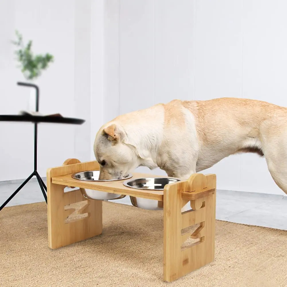 Bamboo Double Dog Bowls Adjustable Height